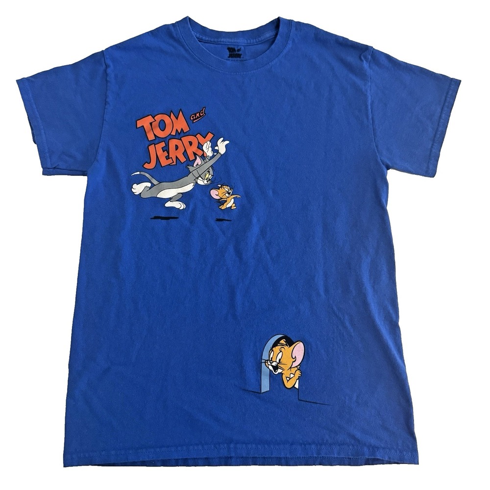 Tom and Jerry Mens Short Sleeve Graphic Print T-Shirt‎ Blue Size Small Retro